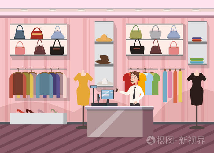时装店超级市场女装购物商场内横幅与复制空间卡通矢量插画